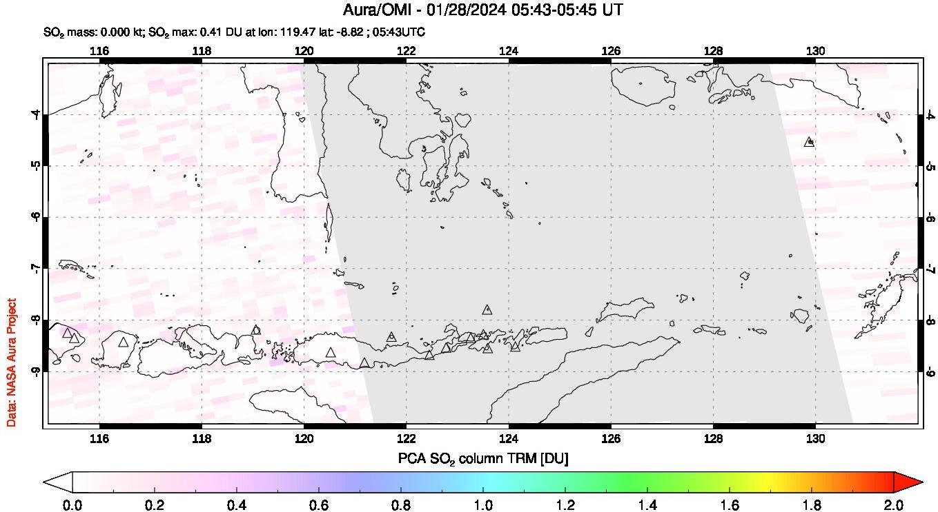 A sulfur dioxide image over Lesser Sunda Islands, Indonesia on Jan 28, 2024.