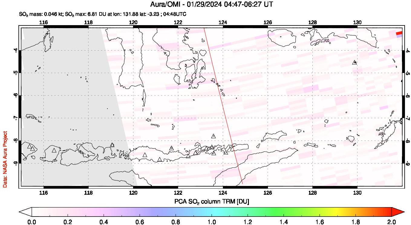 A sulfur dioxide image over Lesser Sunda Islands, Indonesia on Jan 29, 2024.