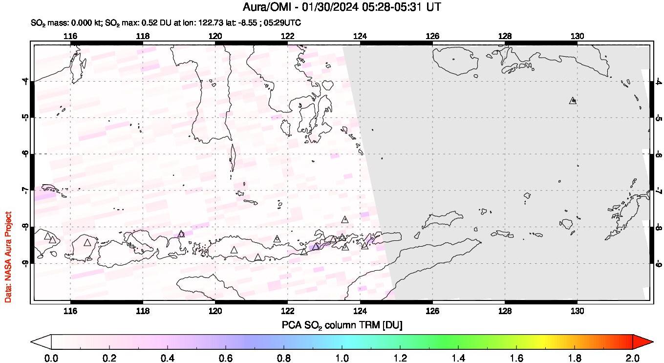 A sulfur dioxide image over Lesser Sunda Islands, Indonesia on Jan 30, 2024.