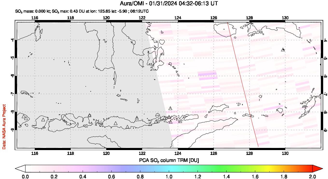 A sulfur dioxide image over Lesser Sunda Islands, Indonesia on Jan 31, 2024.