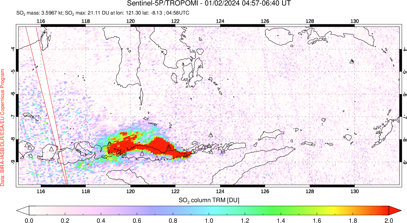 A sulfur dioxide image over Lesser Sunda Islands, Indonesia on Jan 02, 2024.