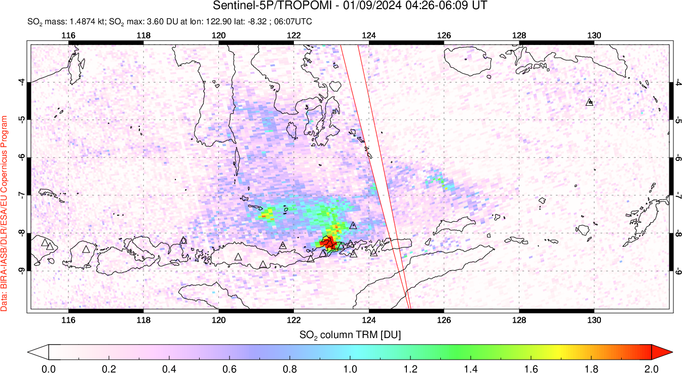 A sulfur dioxide image over Lesser Sunda Islands, Indonesia on Jan 09, 2024.