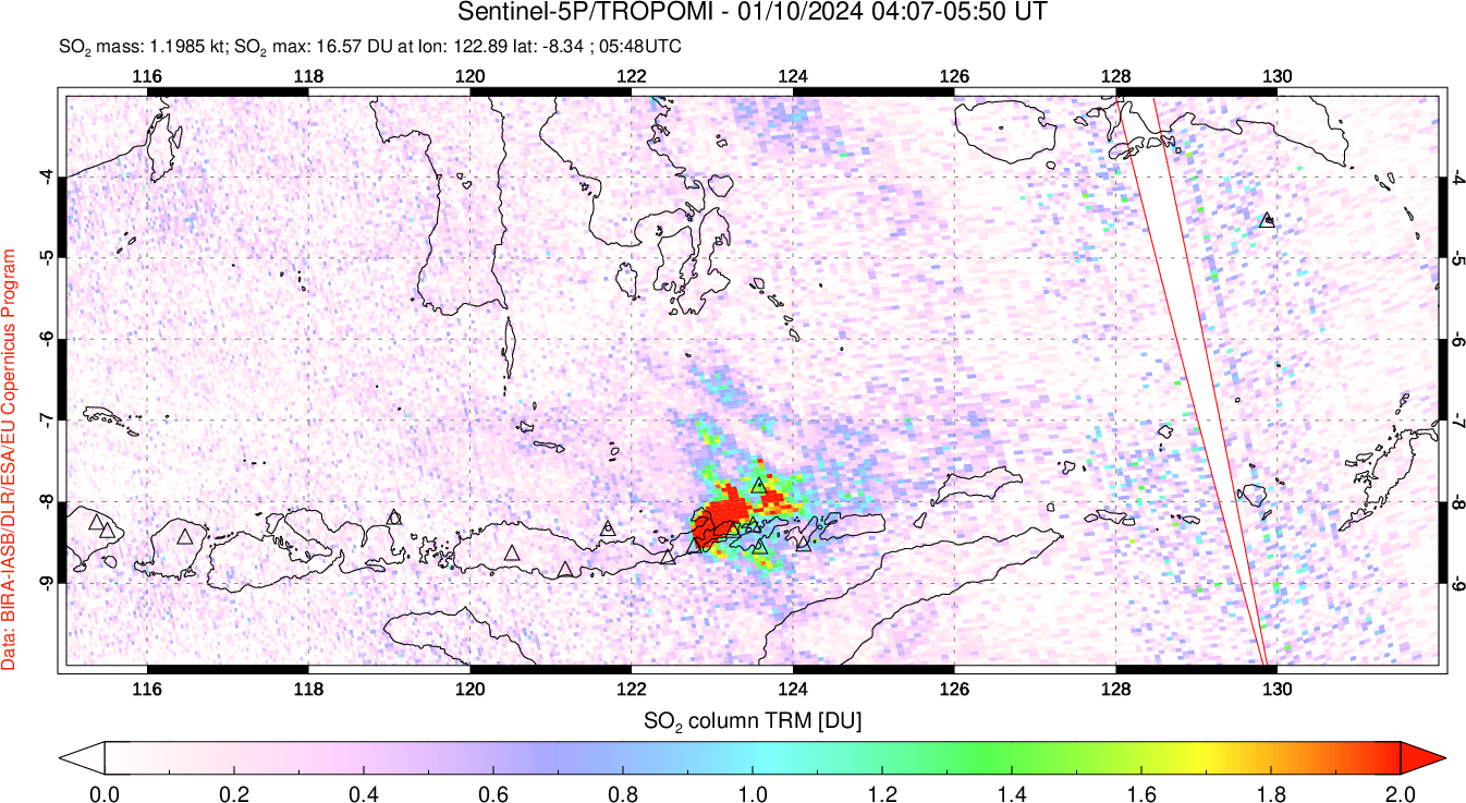 A sulfur dioxide image over Lesser Sunda Islands, Indonesia on Jan 10, 2024.