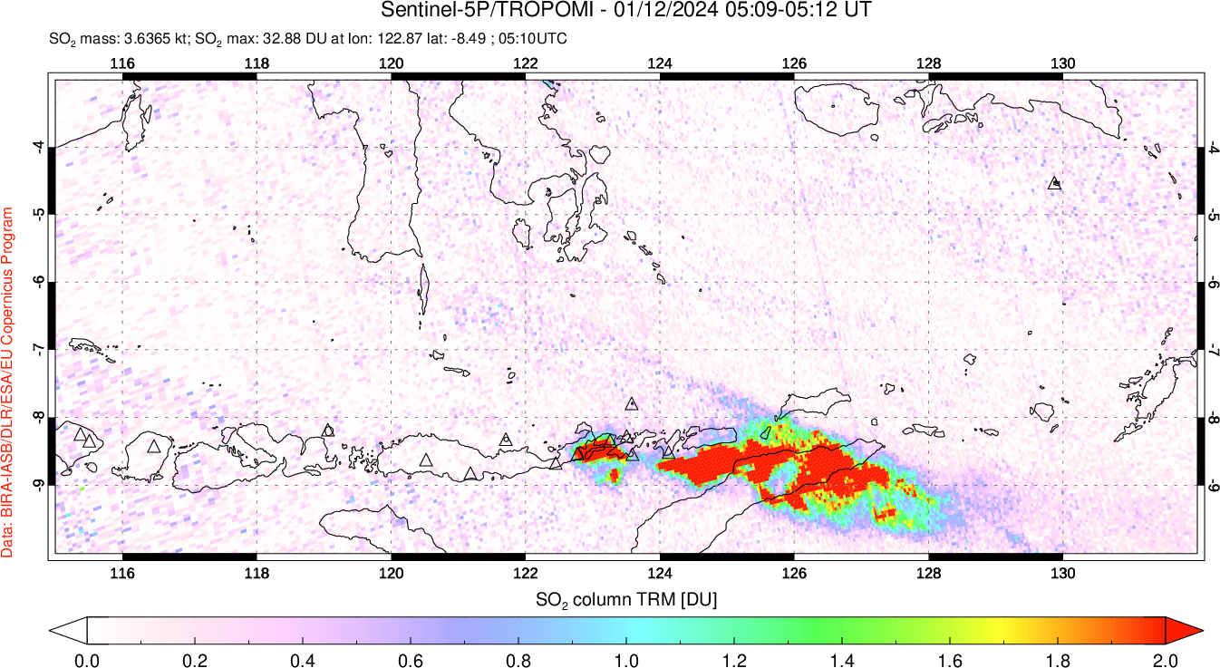 A sulfur dioxide image over Lesser Sunda Islands, Indonesia on Jan 12, 2024.