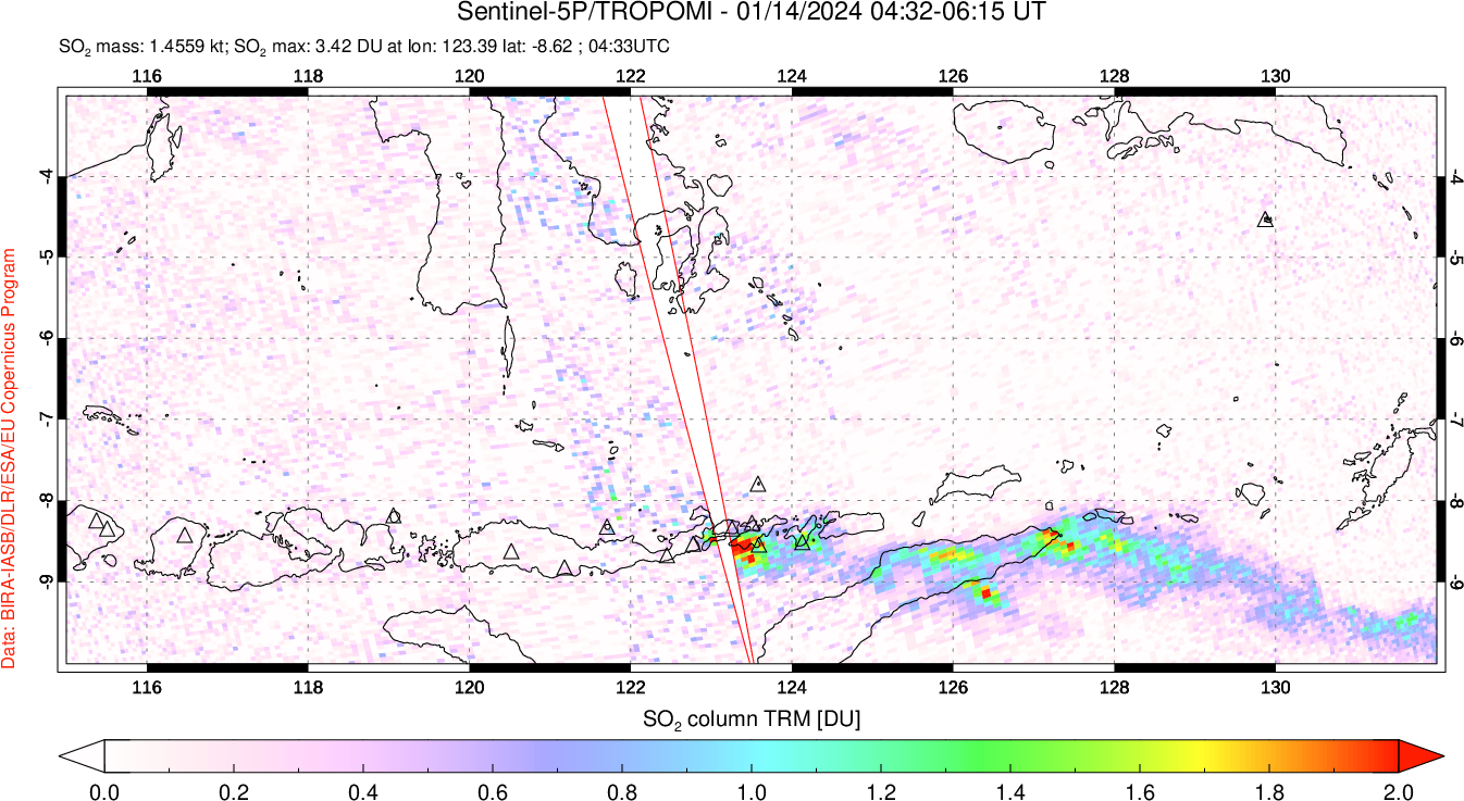 A sulfur dioxide image over Lesser Sunda Islands, Indonesia on Jan 14, 2024.