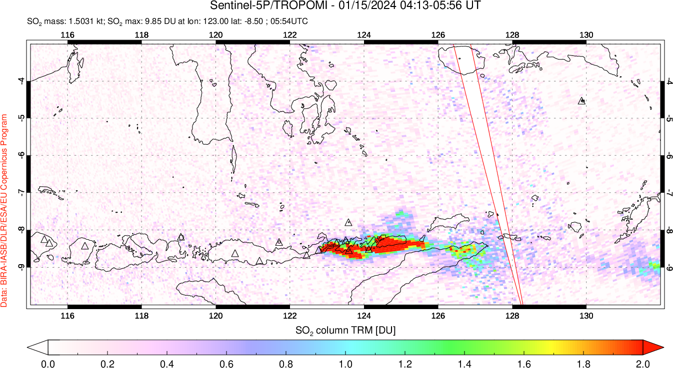 A sulfur dioxide image over Lesser Sunda Islands, Indonesia on Jan 15, 2024.