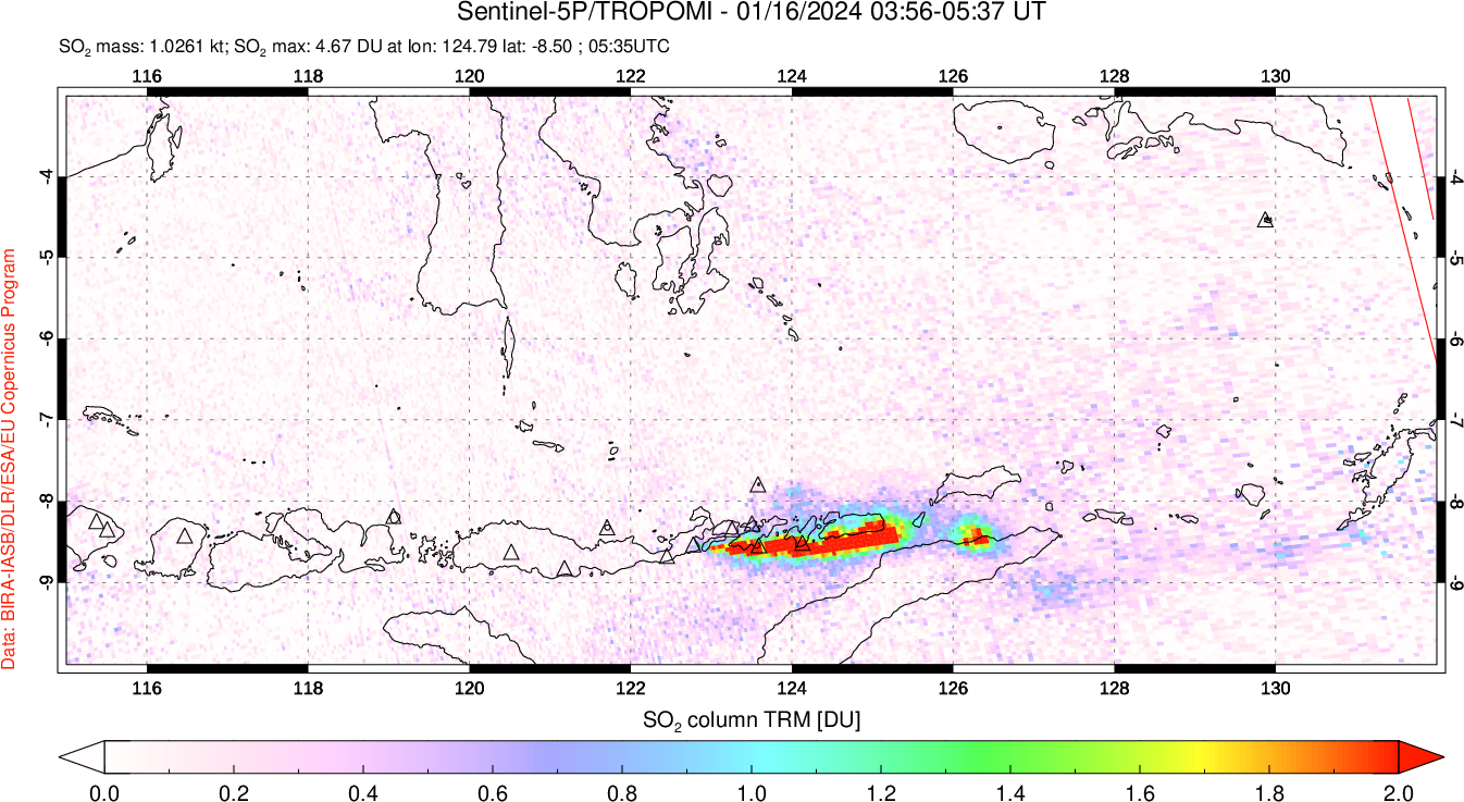 A sulfur dioxide image over Lesser Sunda Islands, Indonesia on Jan 16, 2024.