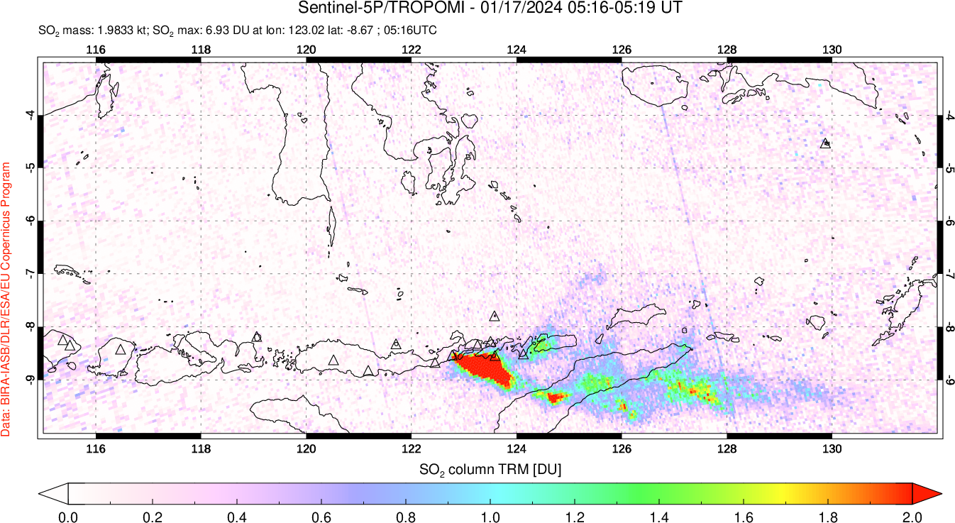 A sulfur dioxide image over Lesser Sunda Islands, Indonesia on Jan 17, 2024.