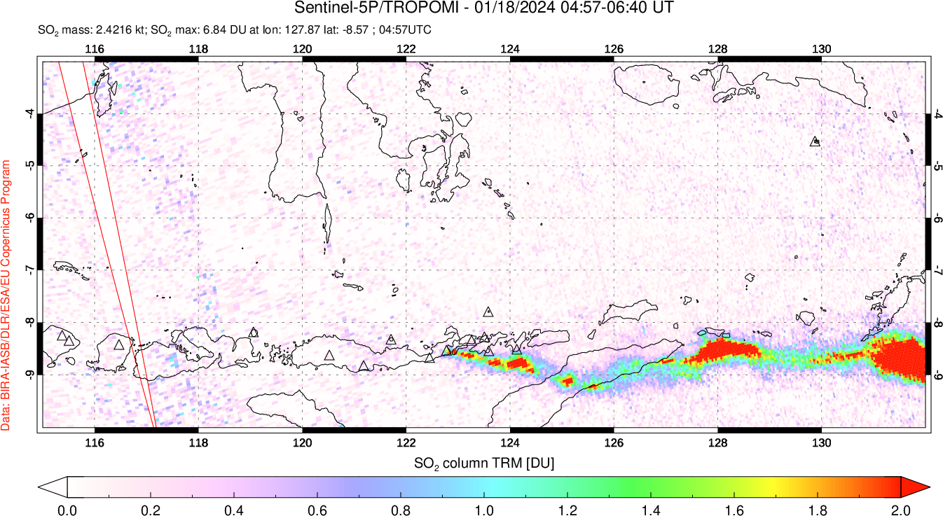 A sulfur dioxide image over Lesser Sunda Islands, Indonesia on Jan 18, 2024.