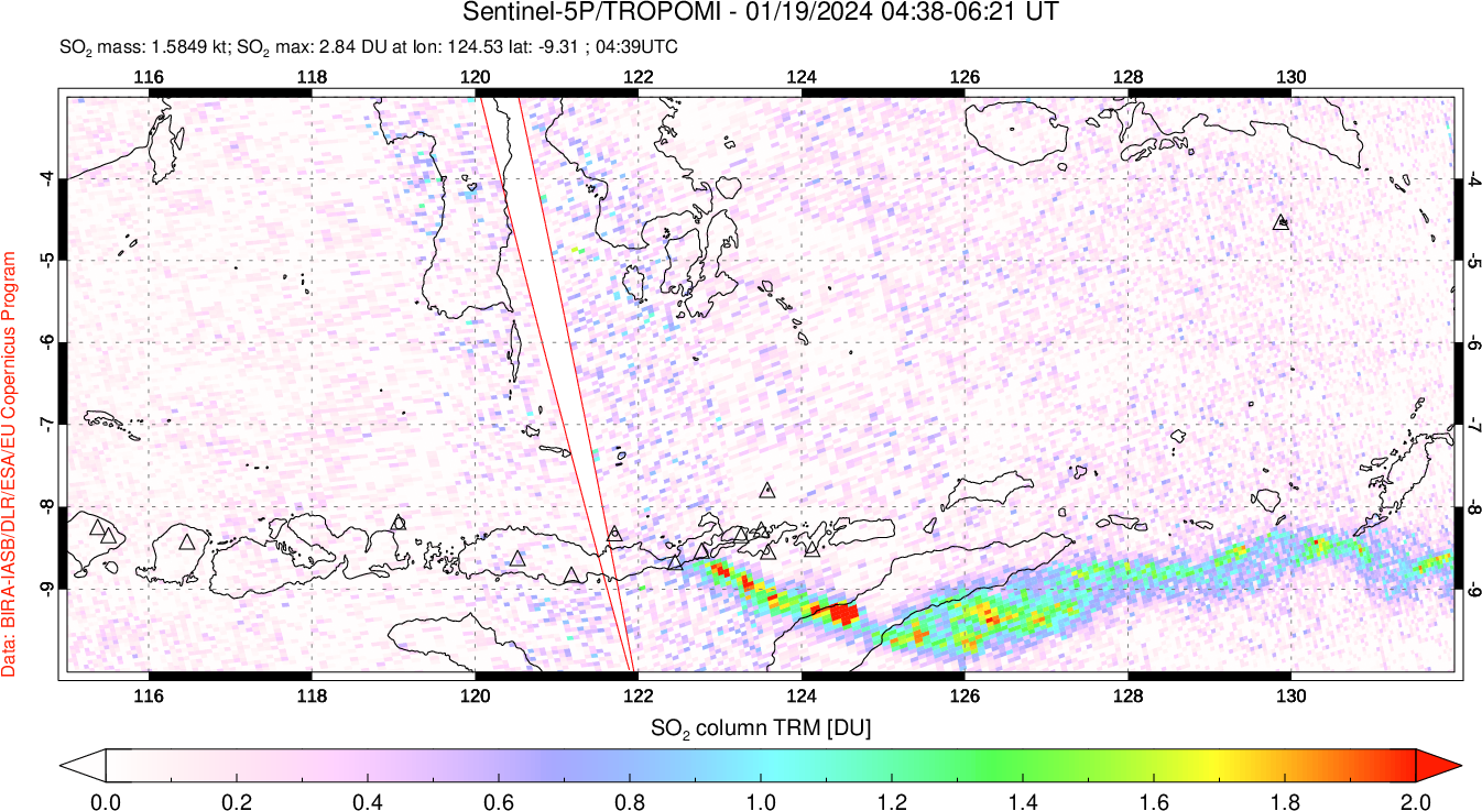 A sulfur dioxide image over Lesser Sunda Islands, Indonesia on Jan 19, 2024.