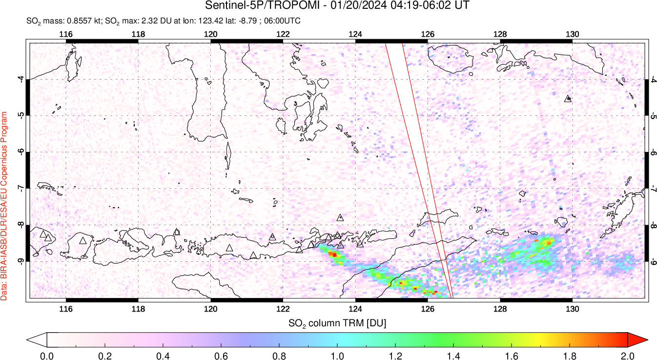 A sulfur dioxide image over Lesser Sunda Islands, Indonesia on Jan 20, 2024.