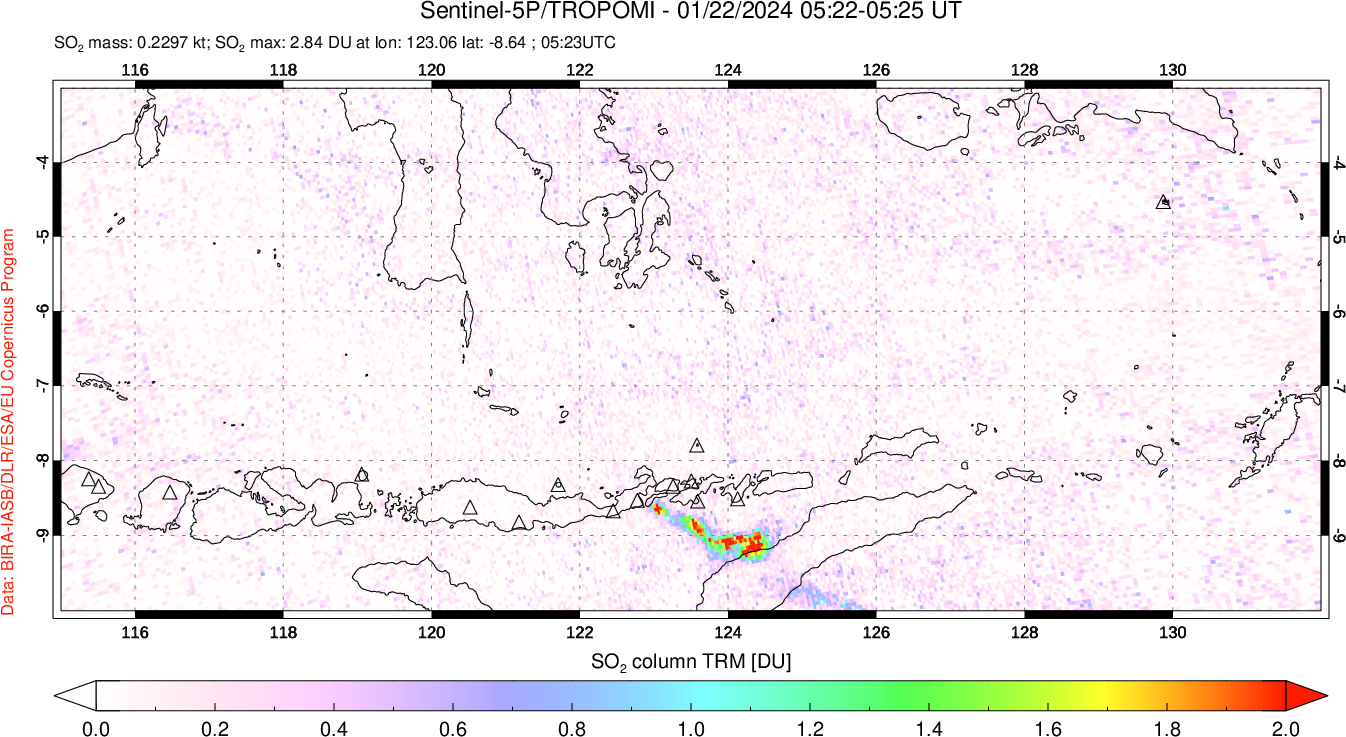 A sulfur dioxide image over Lesser Sunda Islands, Indonesia on Jan 22, 2024.