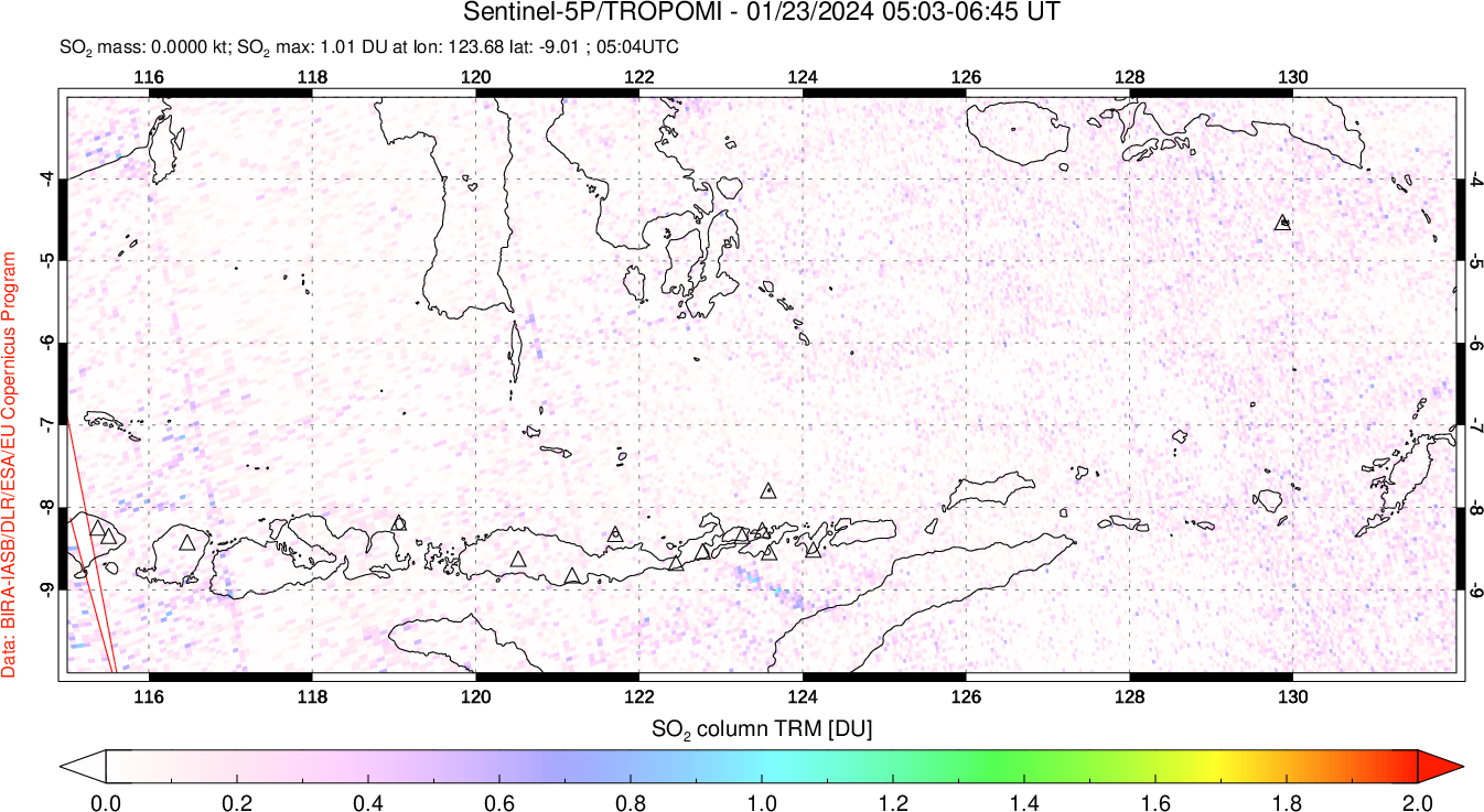 A sulfur dioxide image over Lesser Sunda Islands, Indonesia on Jan 23, 2024.