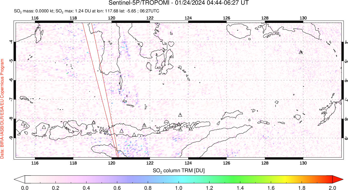 A sulfur dioxide image over Lesser Sunda Islands, Indonesia on Jan 24, 2024.