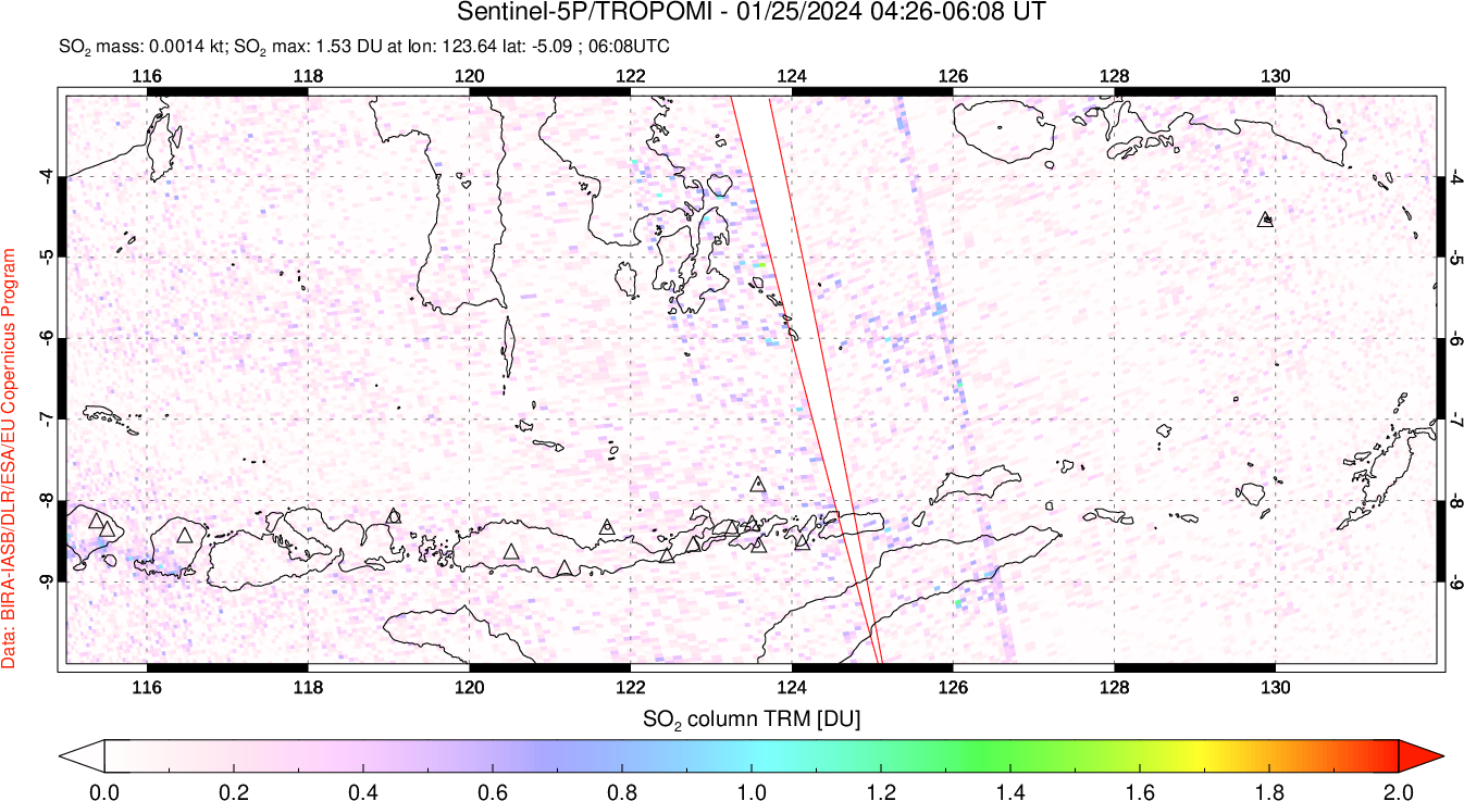 A sulfur dioxide image over Lesser Sunda Islands, Indonesia on Jan 25, 2024.