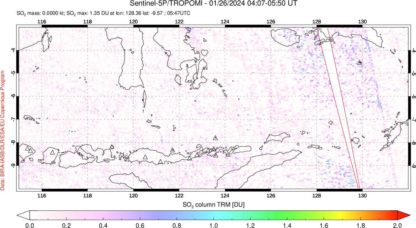 A sulfur dioxide image over Lesser Sunda Islands, Indonesia on Jan 26, 2024.