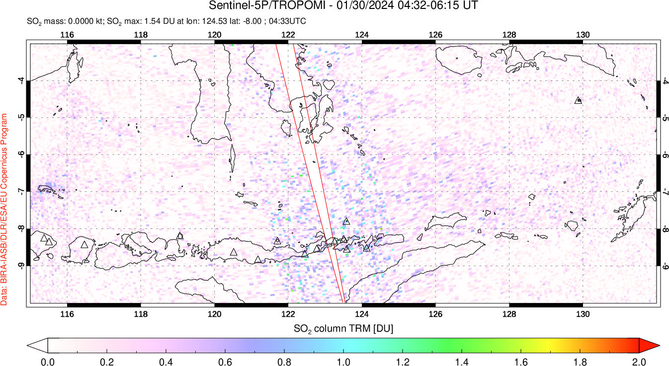 A sulfur dioxide image over Lesser Sunda Islands, Indonesia on Jan 30, 2024.