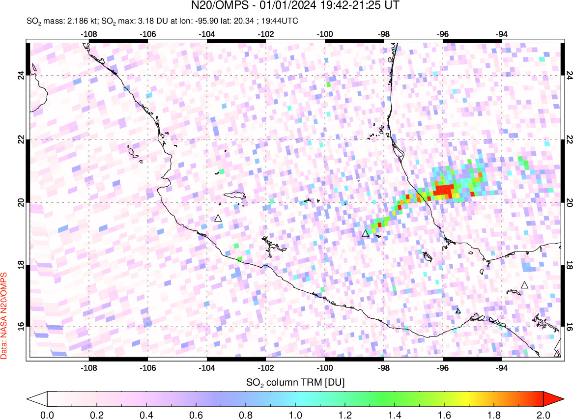 A sulfur dioxide image over Mexico on Jan 01, 2024.