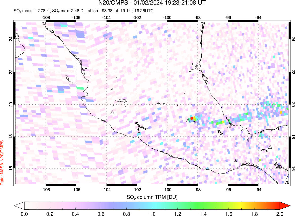 A sulfur dioxide image over Mexico on Jan 02, 2024.