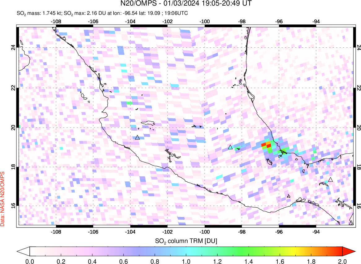 A sulfur dioxide image over Mexico on Jan 03, 2024.