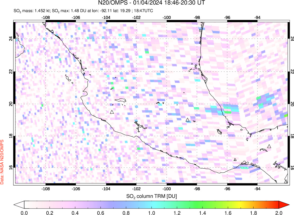 A sulfur dioxide image over Mexico on Jan 04, 2024.