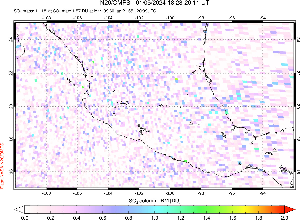 A sulfur dioxide image over Mexico on Jan 05, 2024.