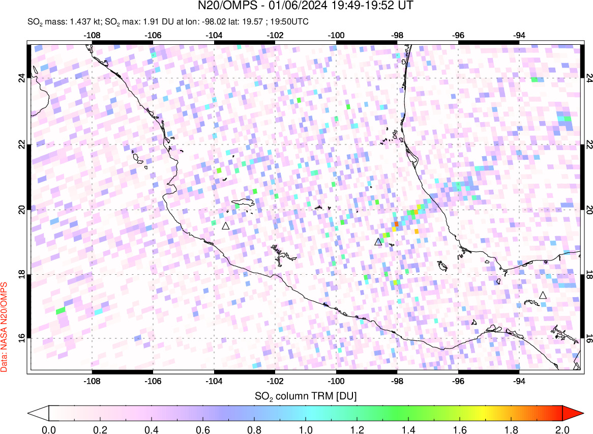 A sulfur dioxide image over Mexico on Jan 06, 2024.