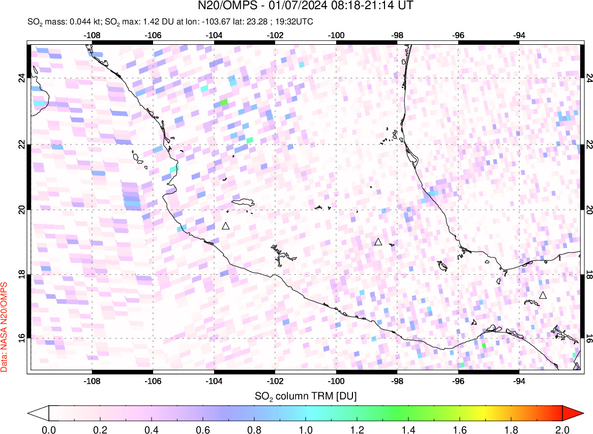 A sulfur dioxide image over Mexico on Jan 07, 2024.