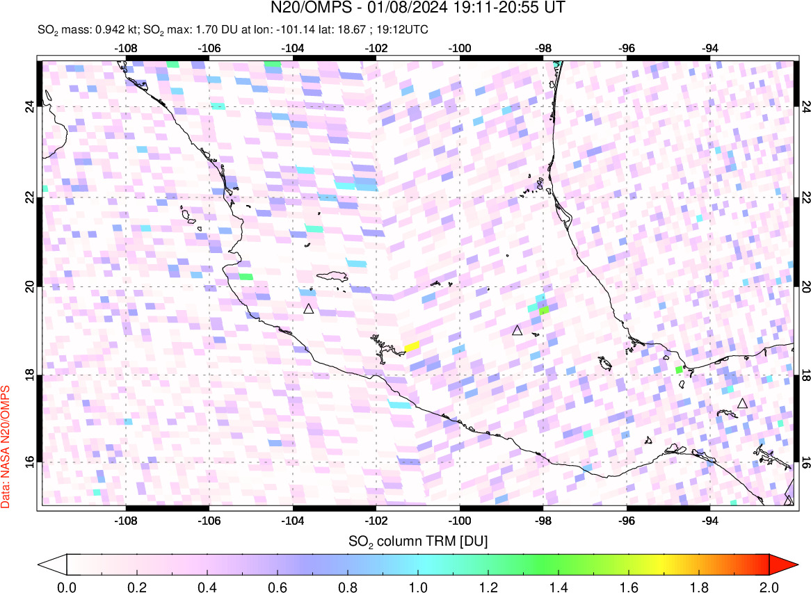 A sulfur dioxide image over Mexico on Jan 08, 2024.