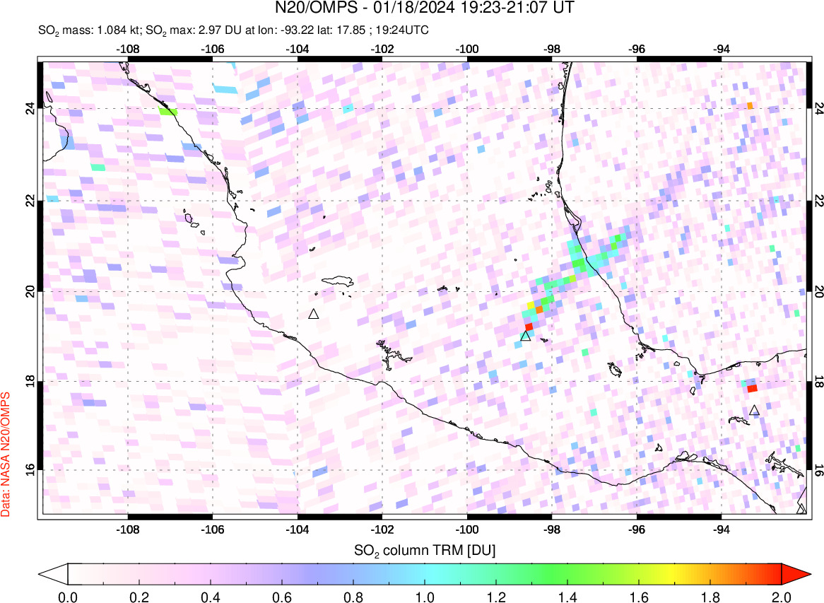 A sulfur dioxide image over Mexico on Jan 18, 2024.