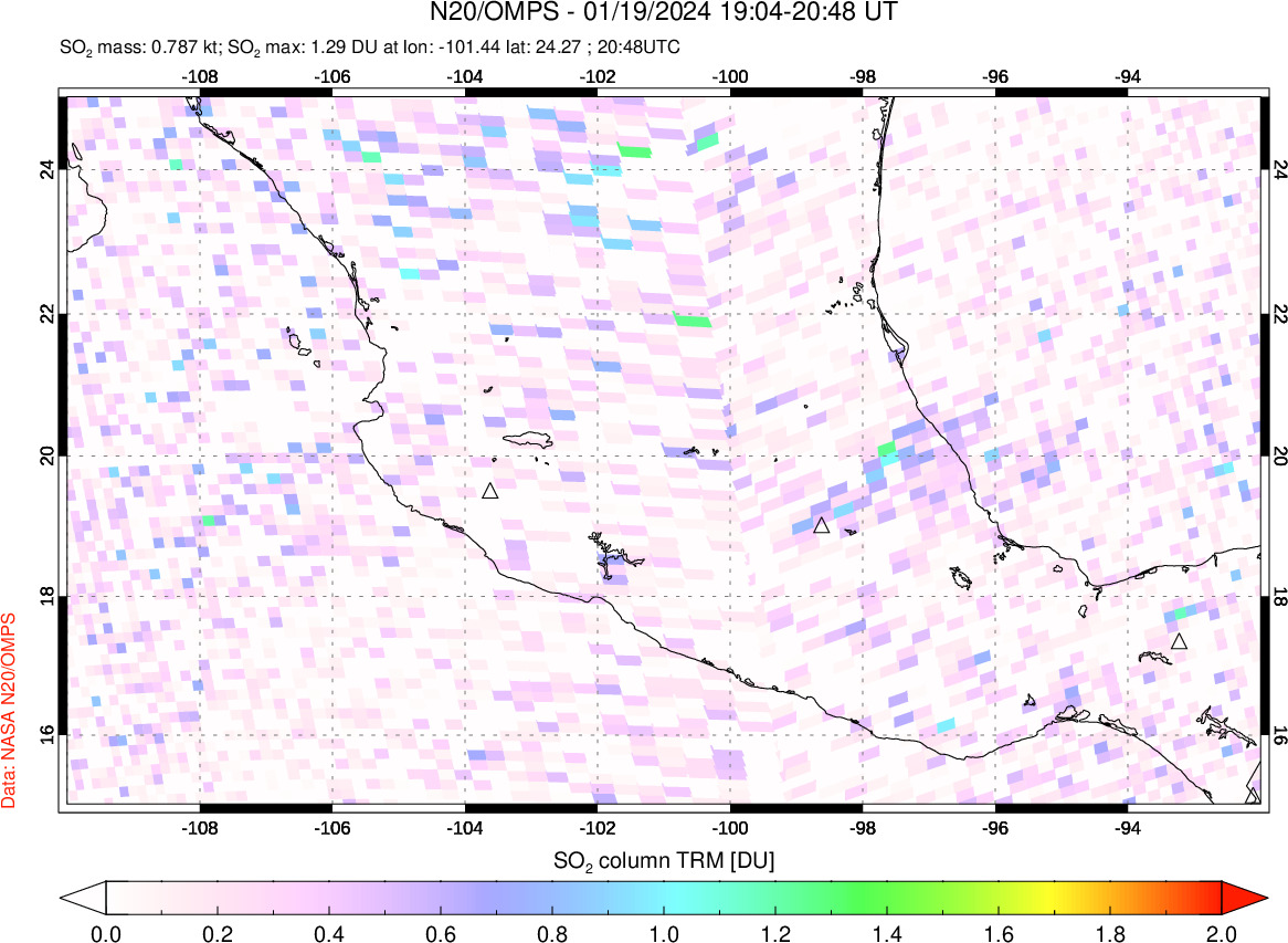 A sulfur dioxide image over Mexico on Jan 19, 2024.