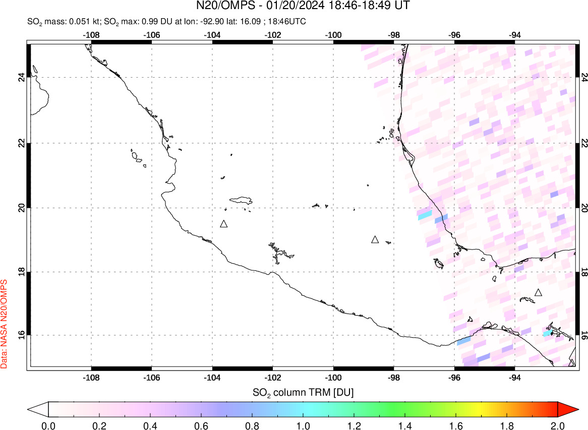 A sulfur dioxide image over Mexico on Jan 20, 2024.