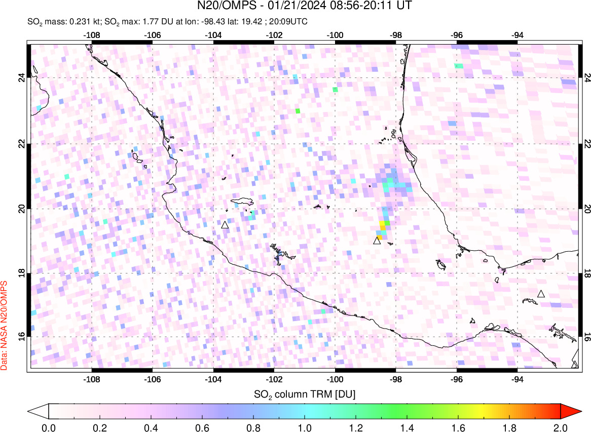 A sulfur dioxide image over Mexico on Jan 21, 2024.