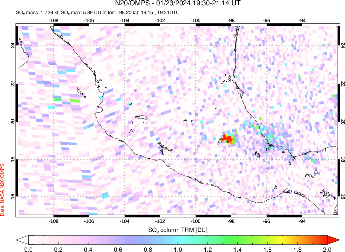 A sulfur dioxide image over Mexico on Jan 23, 2024.