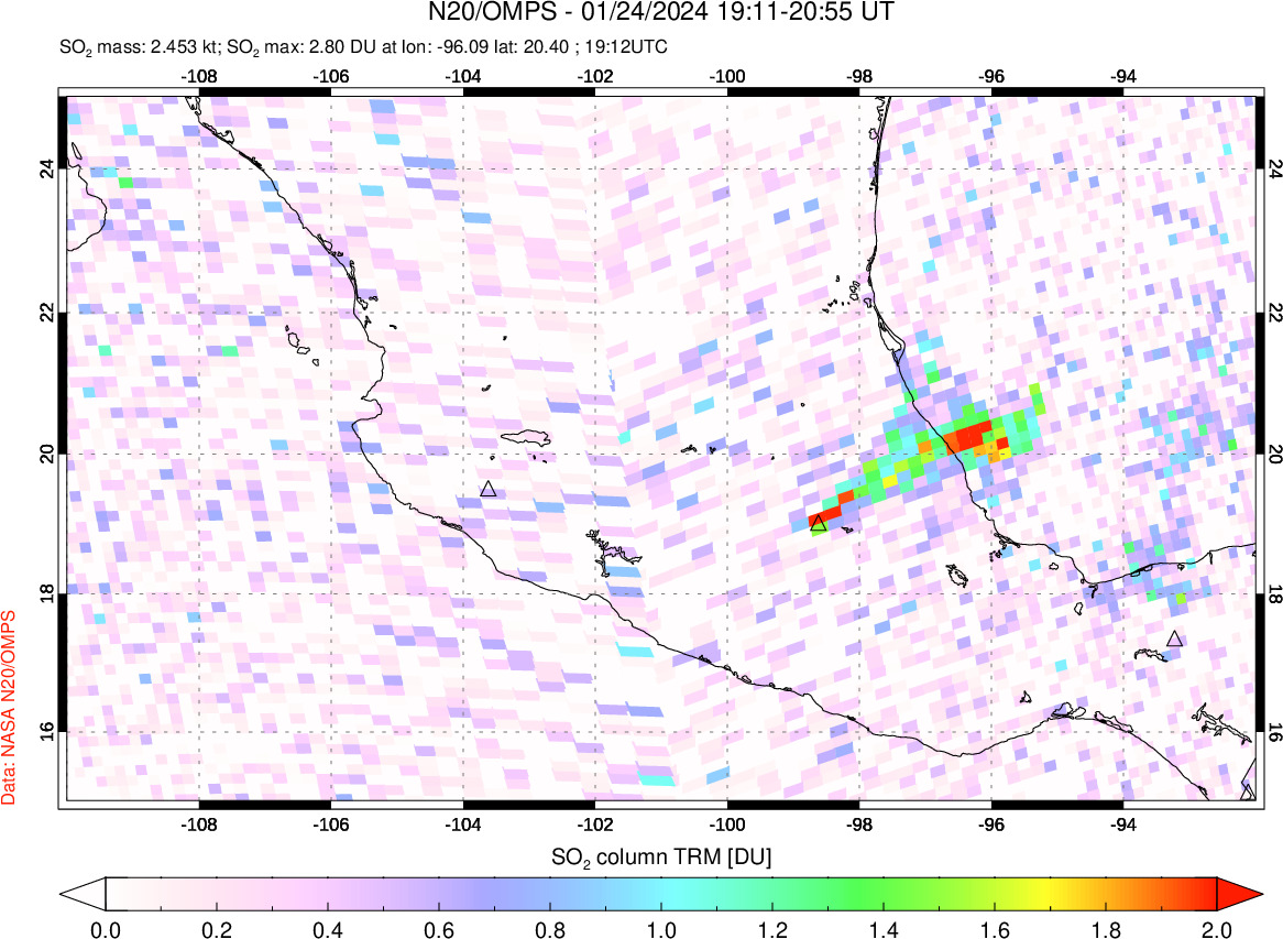 A sulfur dioxide image over Mexico on Jan 24, 2024.