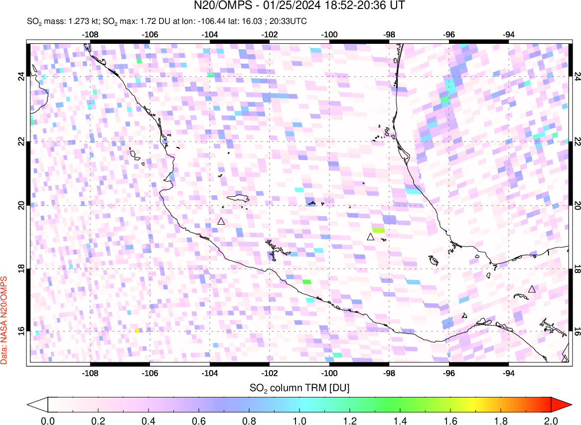 A sulfur dioxide image over Mexico on Jan 25, 2024.