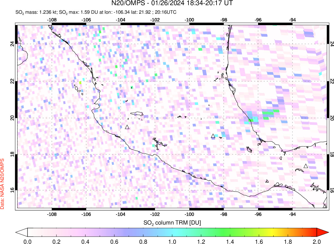 A sulfur dioxide image over Mexico on Jan 26, 2024.