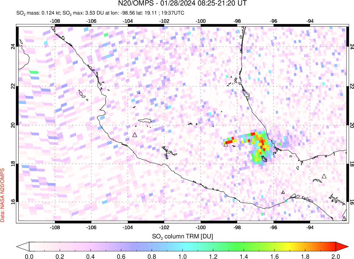 A sulfur dioxide image over Mexico on Jan 28, 2024.