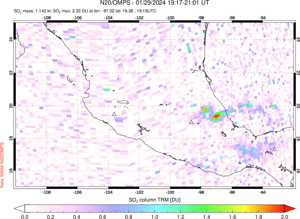 A sulfur dioxide image over Mexico on Jan 29, 2024.