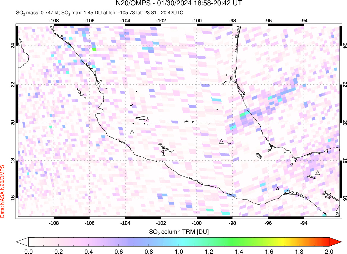 A sulfur dioxide image over Mexico on Jan 30, 2024.