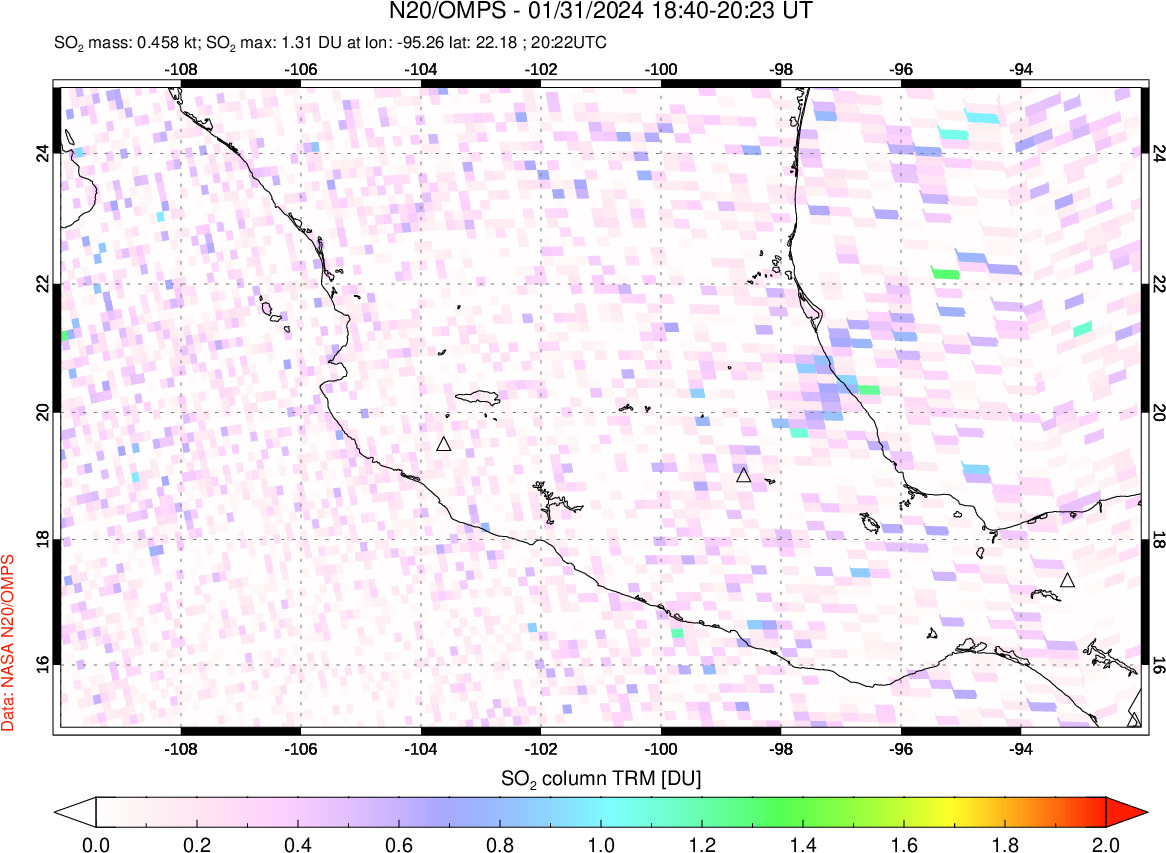 A sulfur dioxide image over Mexico on Jan 31, 2024.