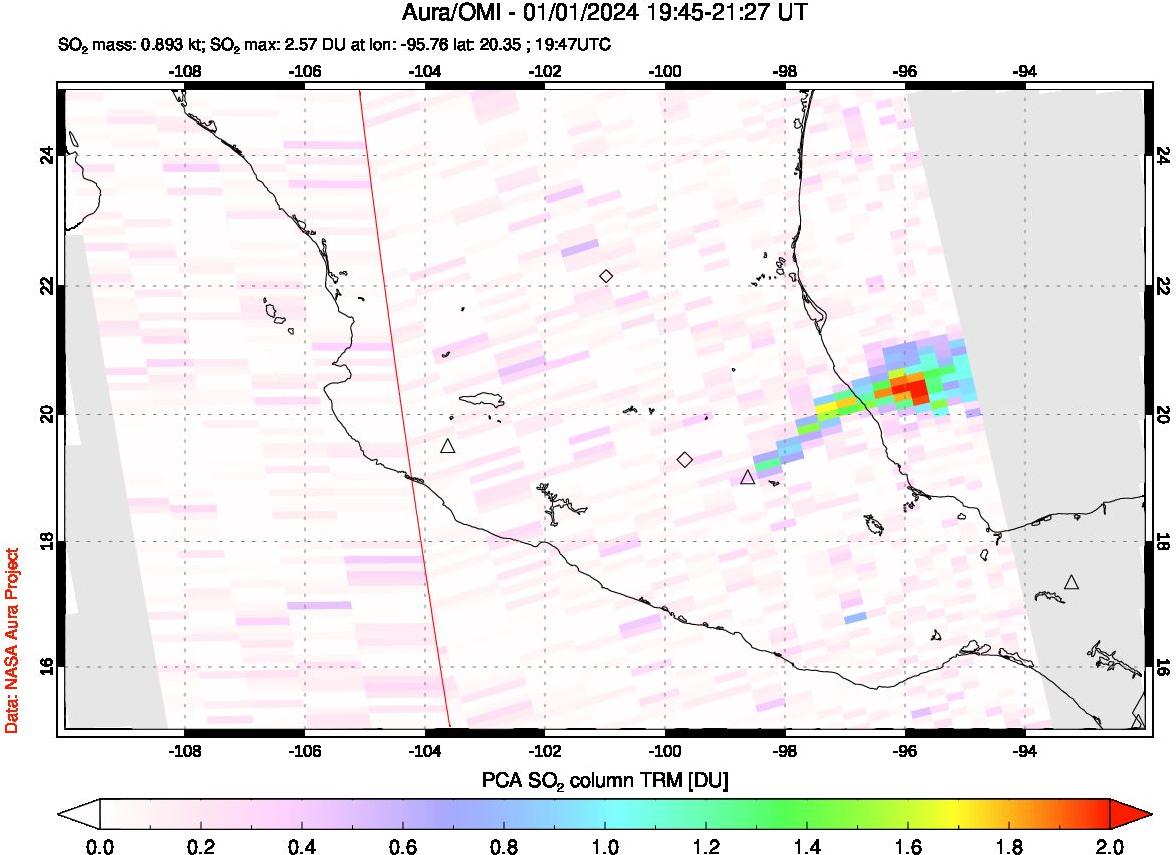 A sulfur dioxide image over Mexico on Jan 01, 2024.