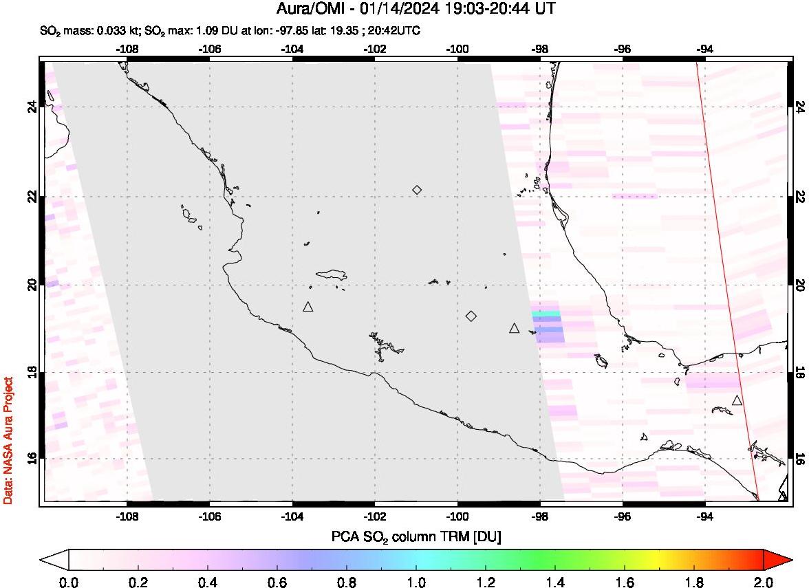 A sulfur dioxide image over Mexico on Jan 14, 2024.