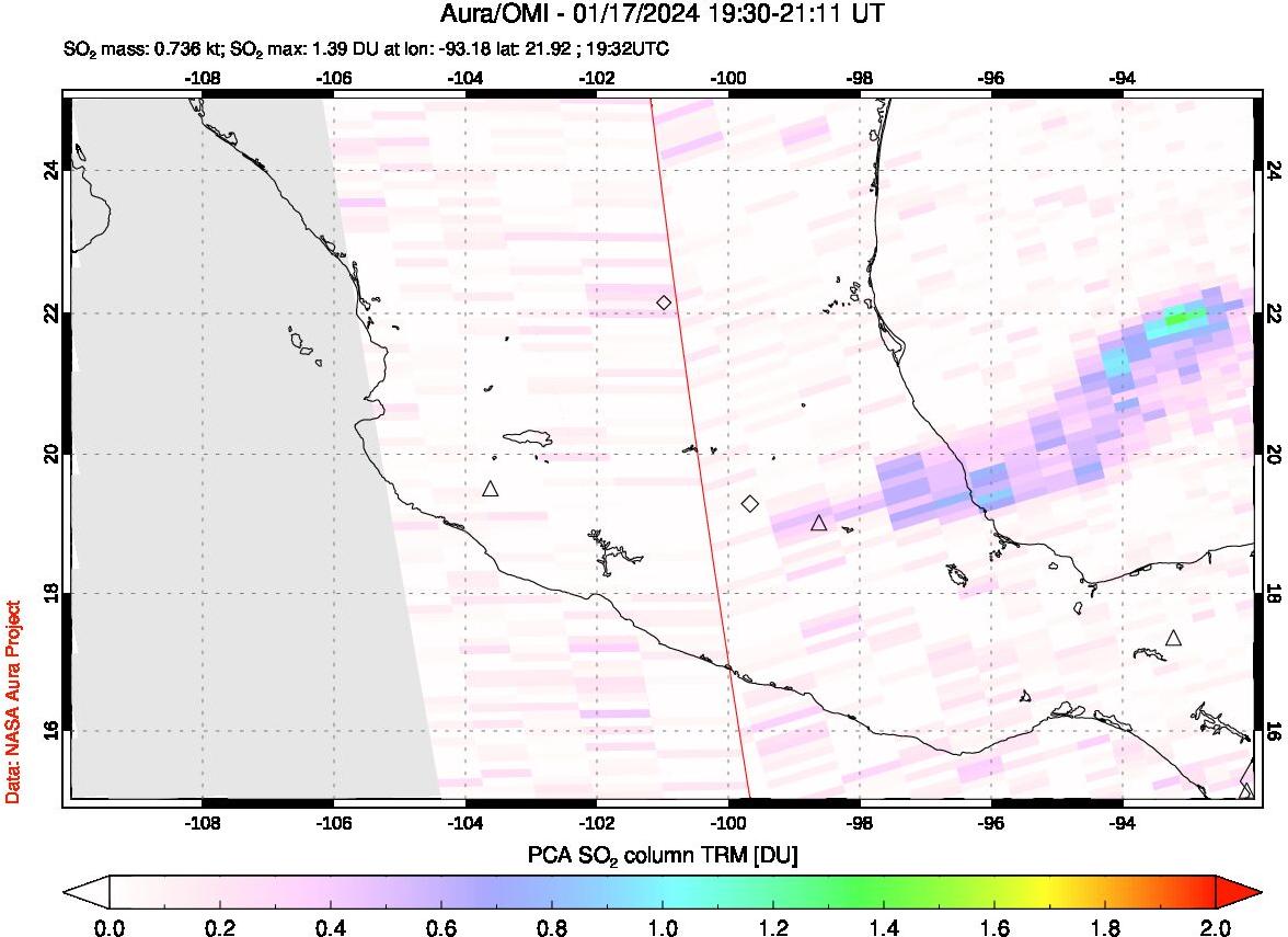 A sulfur dioxide image over Mexico on Jan 17, 2024.