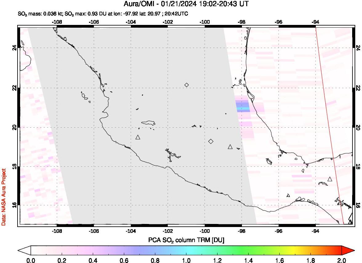 A sulfur dioxide image over Mexico on Jan 21, 2024.