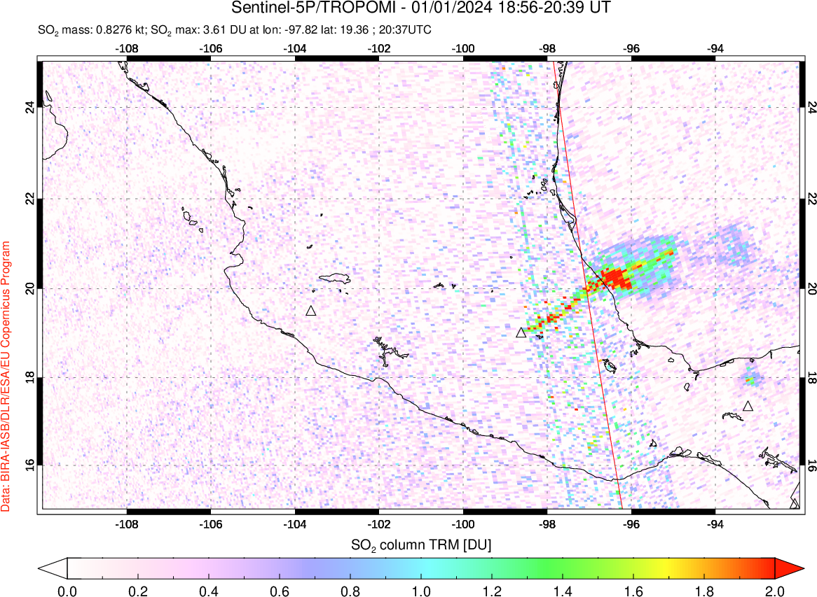 A sulfur dioxide image over Mexico on Jan 01, 2024.