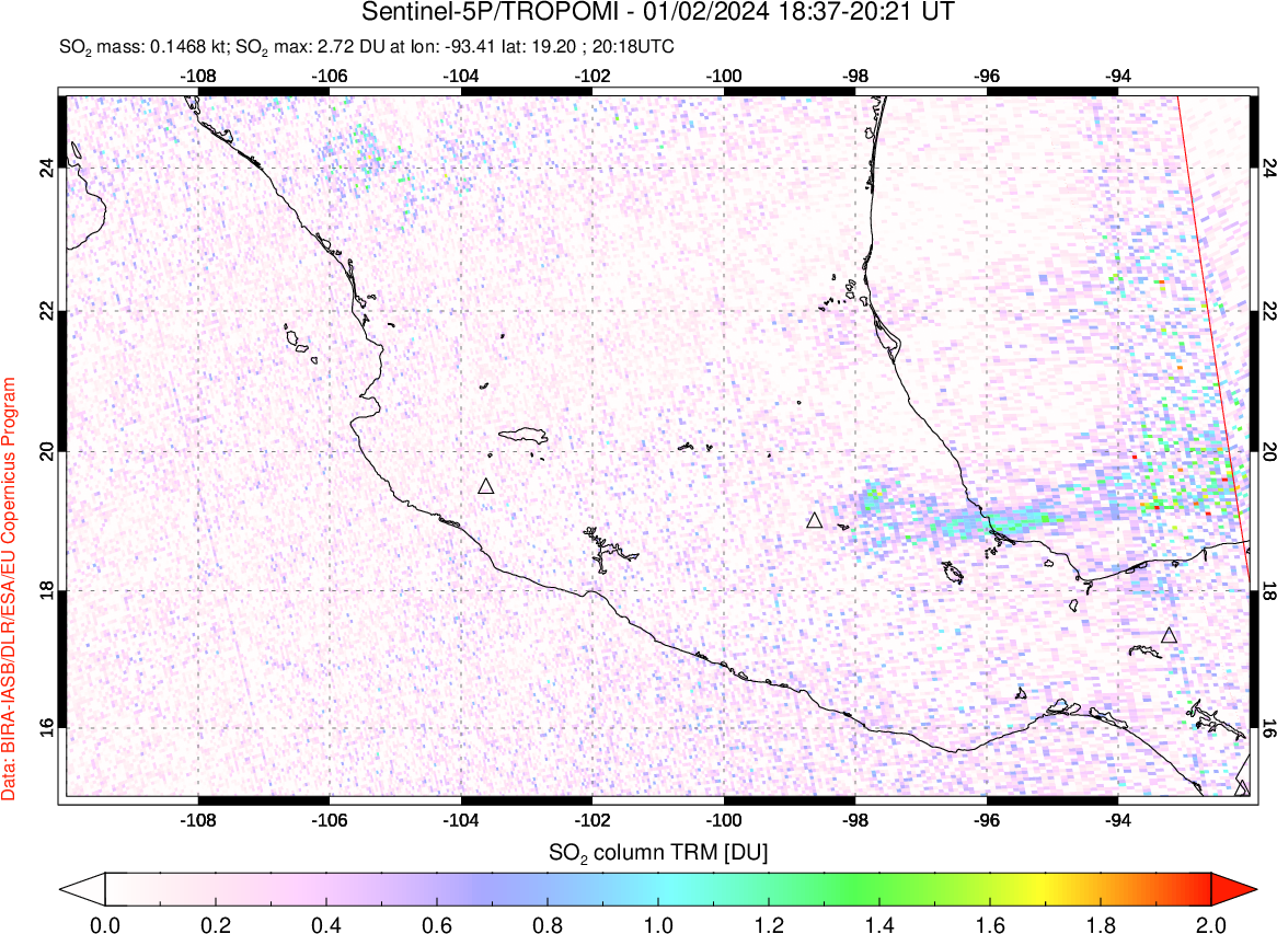 A sulfur dioxide image over Mexico on Jan 02, 2024.