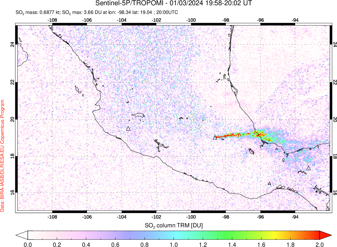 A sulfur dioxide image over Mexico on Jan 03, 2024.