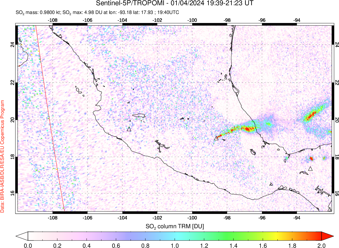 A sulfur dioxide image over Mexico on Jan 04, 2024.