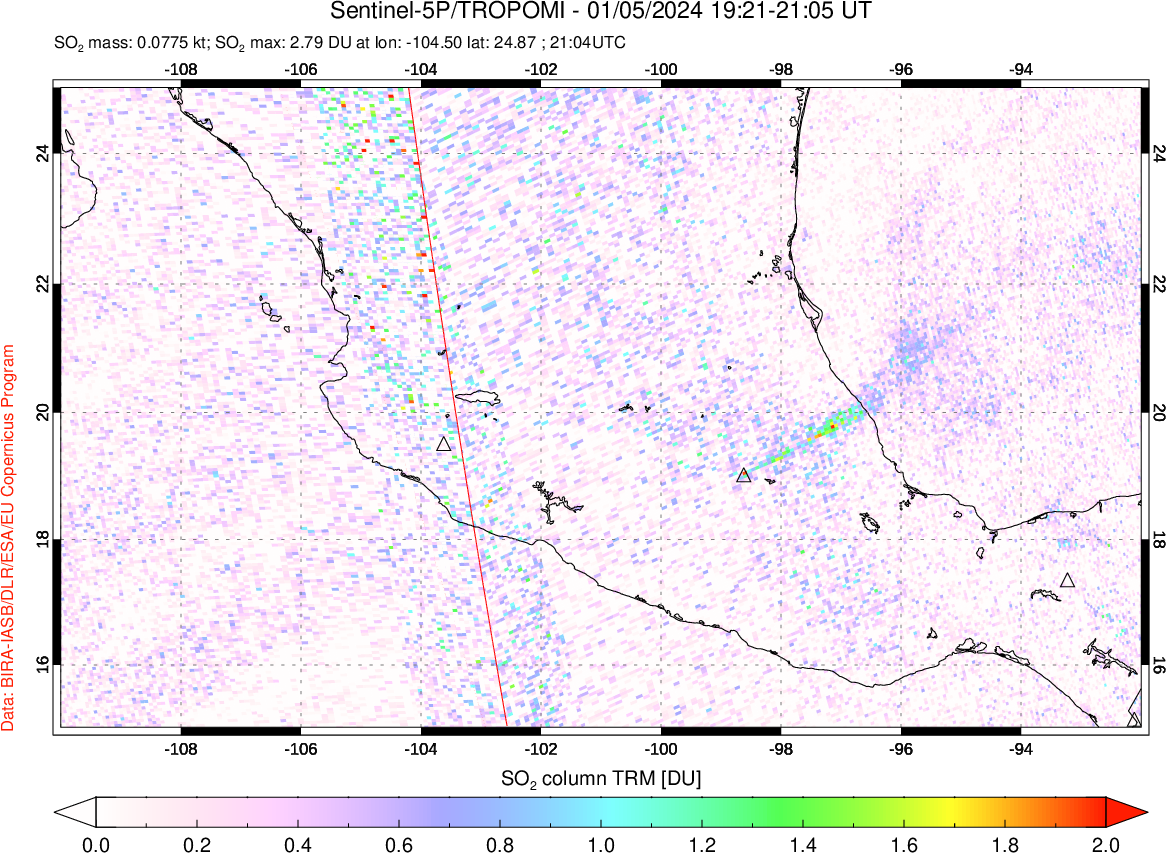 A sulfur dioxide image over Mexico on Jan 05, 2024.